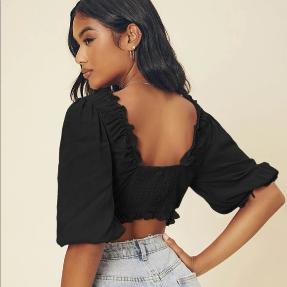 SHEIN Ruffled Self-Tie Puff Sleeve Crop Top in Black — Large - Picture 2 of 7